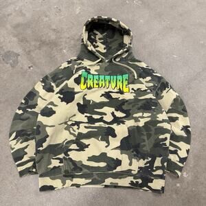 VINTAGE 00s CREATURE SKATEBOARDS CAMO NHS PULLOVER HOODIE GREEN MENS XL